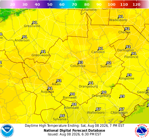 NWS maximum temperature forecast for CAE forecast office area