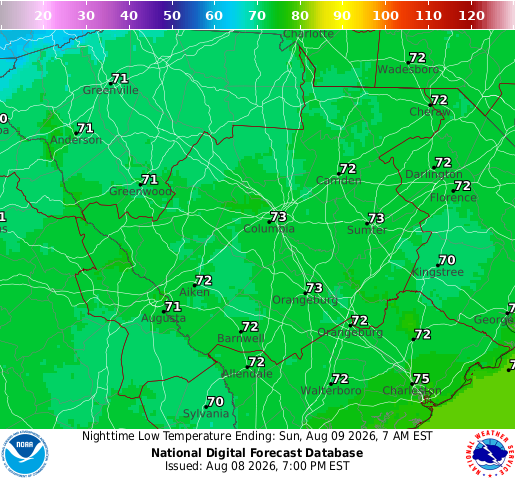 NWS minimum temperature forecast for CAE forecast office area